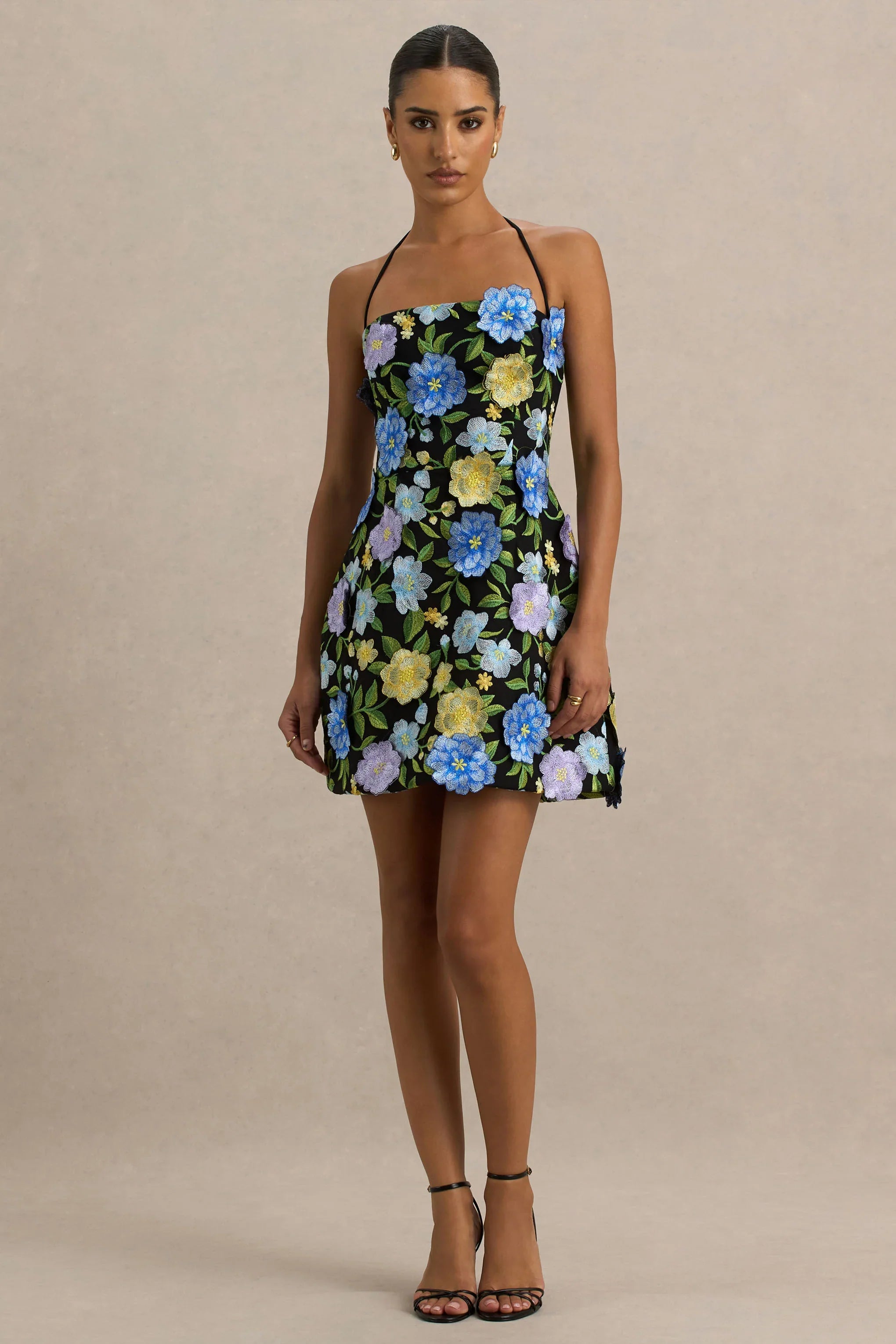 Aisha | Black Floral Embellished Square-Neck Mini Dress