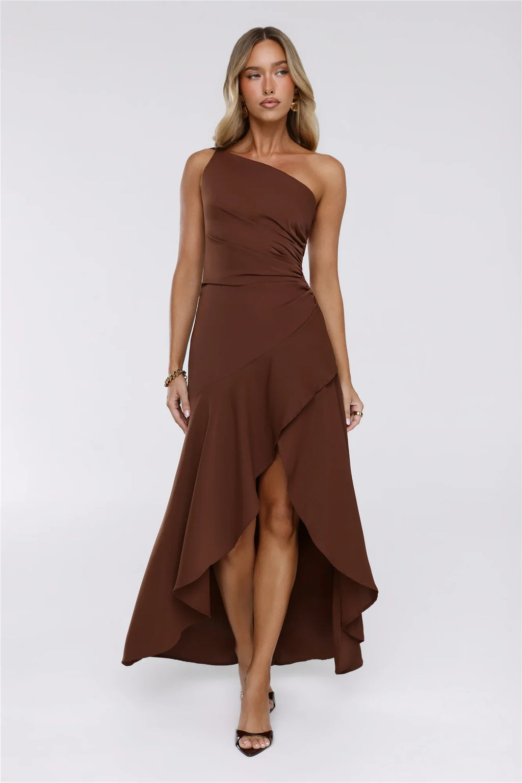 Rule Breaker One Shoulder Midi Dress Brown