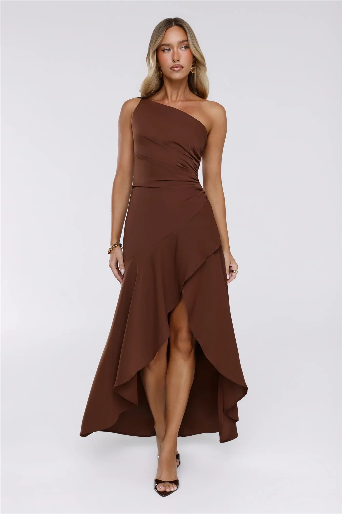 Rule Breaker One Shoulder Midi Dress Brown
