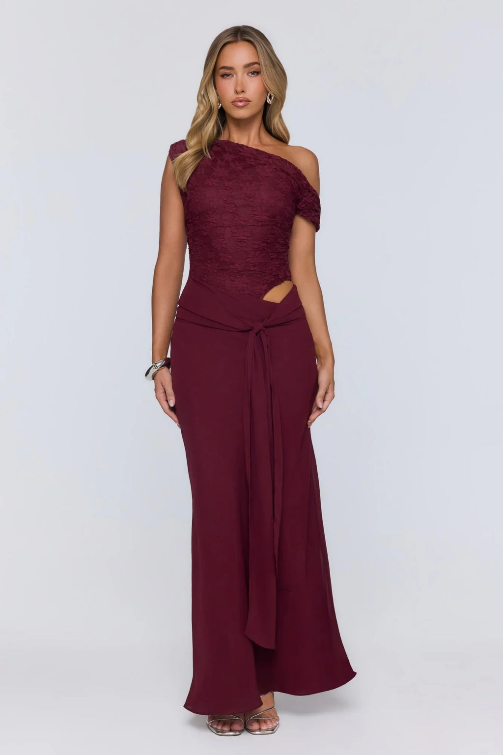 Modern Heritage Off Shoulder Maxi Dress Burgundy