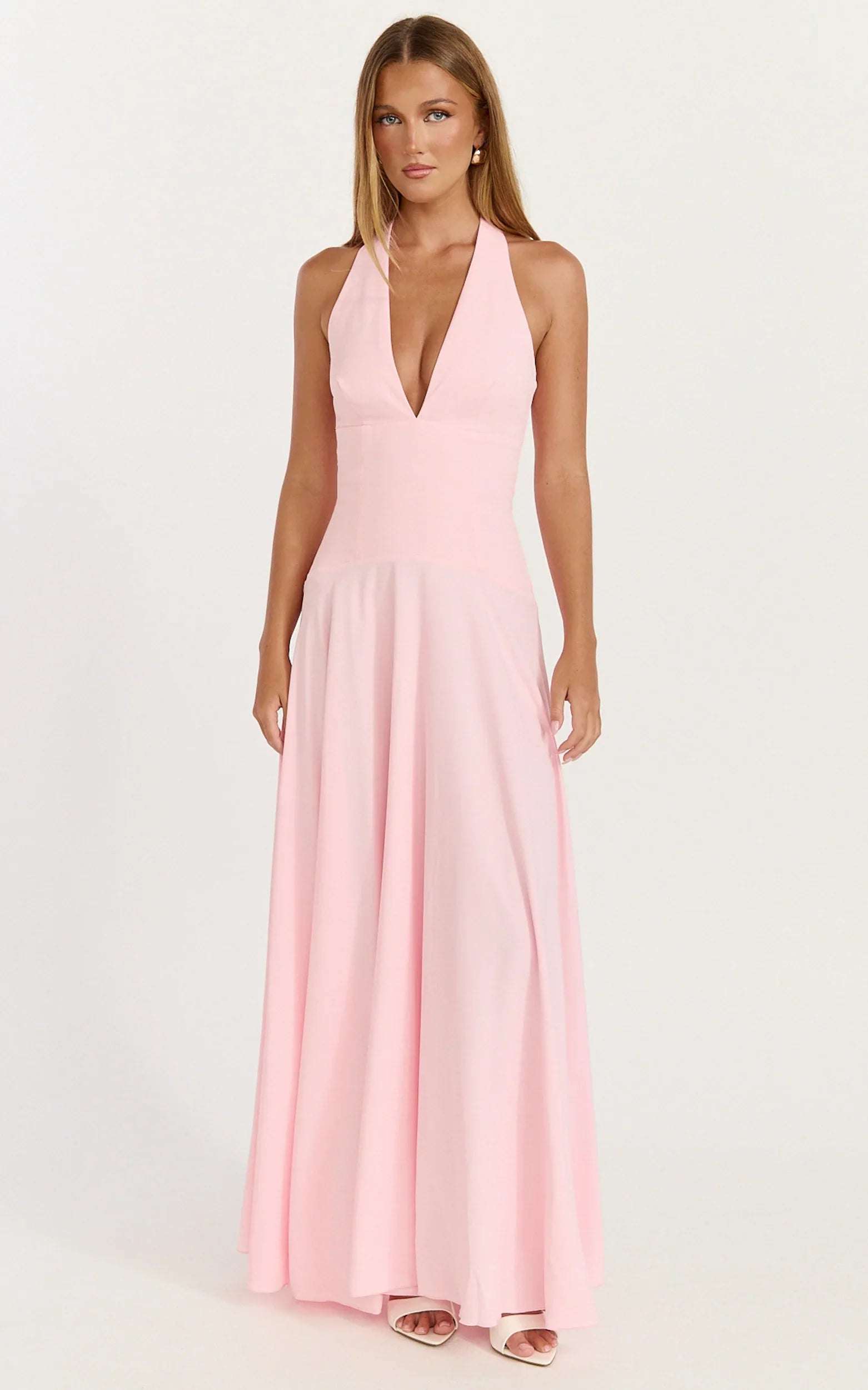 Poppy Maxi Dress - Contrast Skirt Deep Plunge Halter Dress in Soft Pink