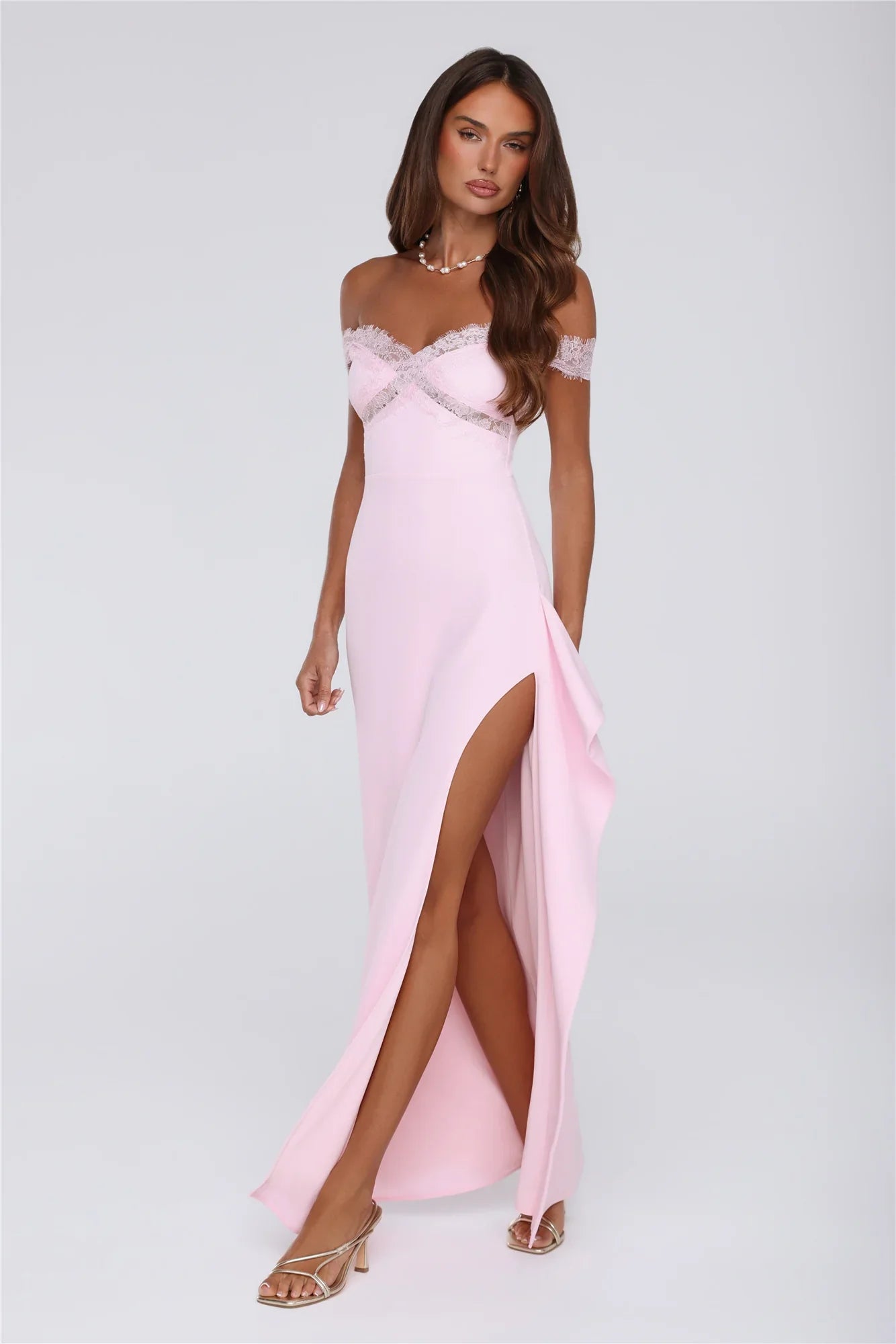 Ethereal Lace Off Shoulder Maxi Dress Blush