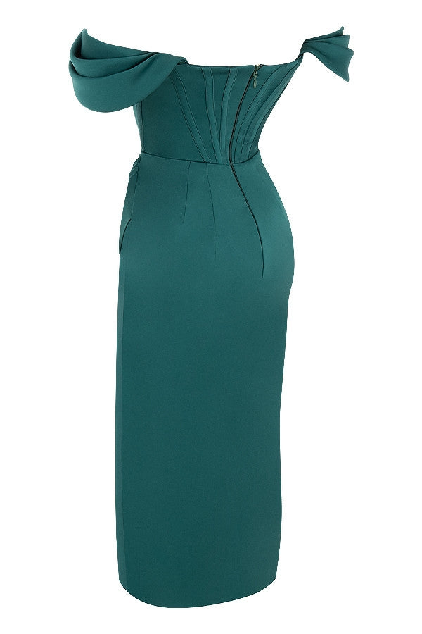 emerald green satin off shoulder dress