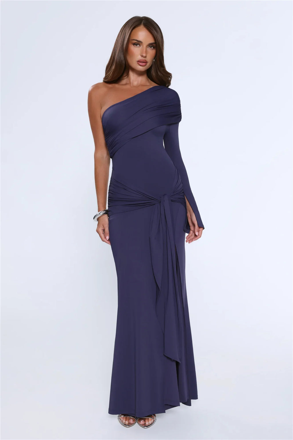 Night Starflower One Shoulder Maxi Dress Navy