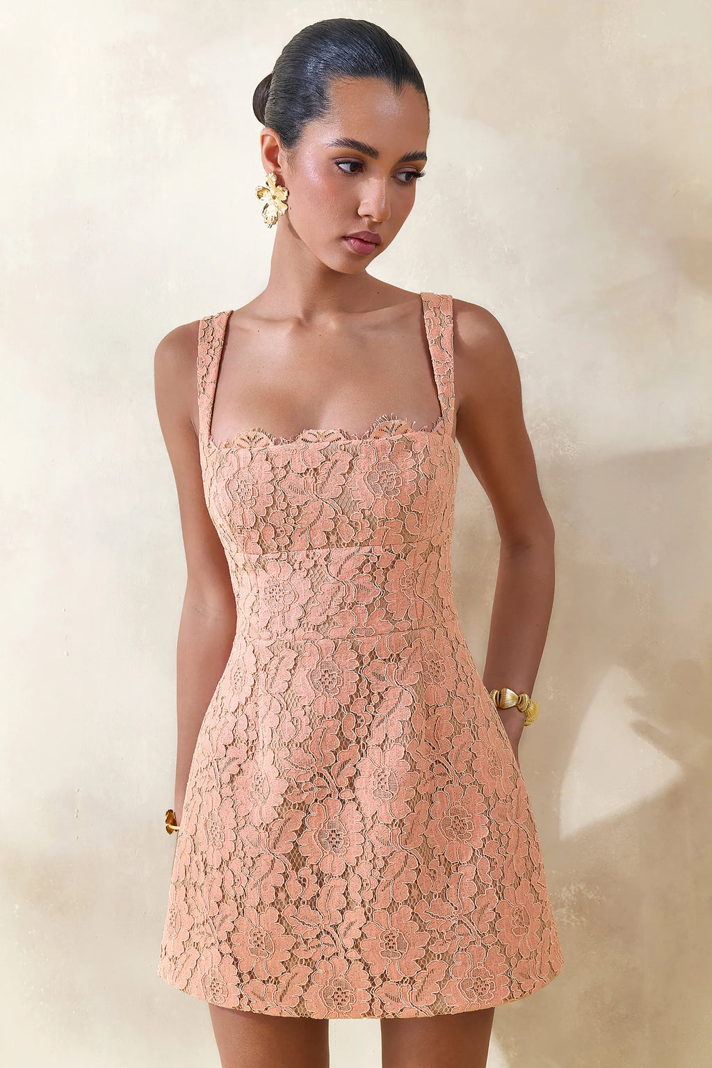 Orelisse | Coral Lace Square-Neck Mini Dress