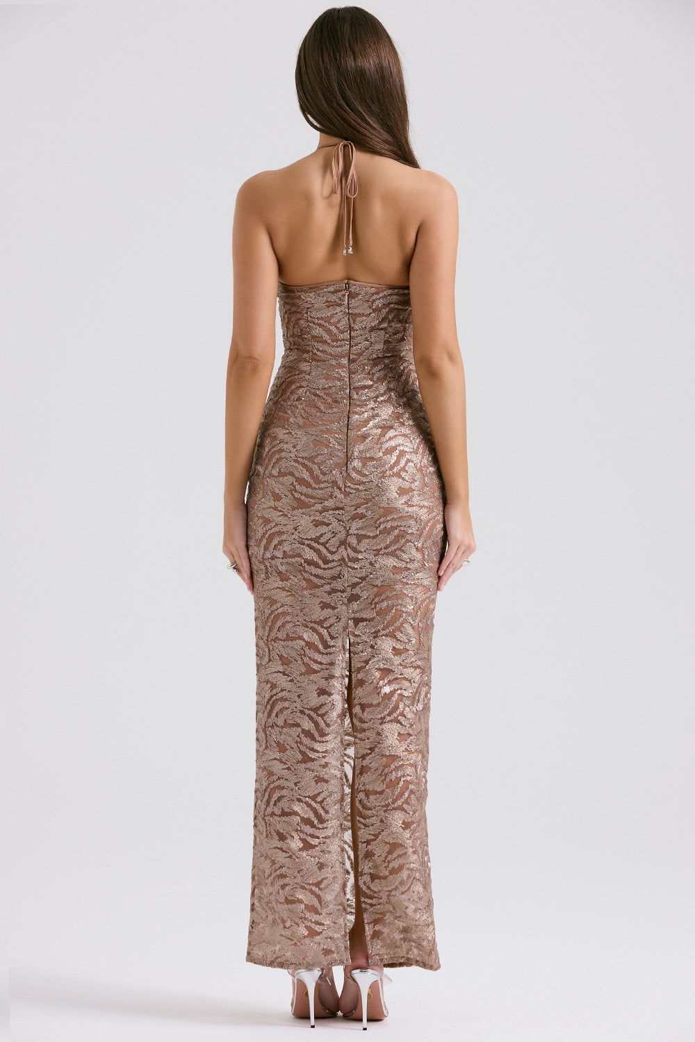 rose gold embroidered sequinned gown