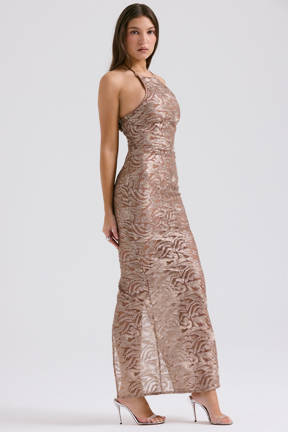 rose gold embroidered sequinned gown
