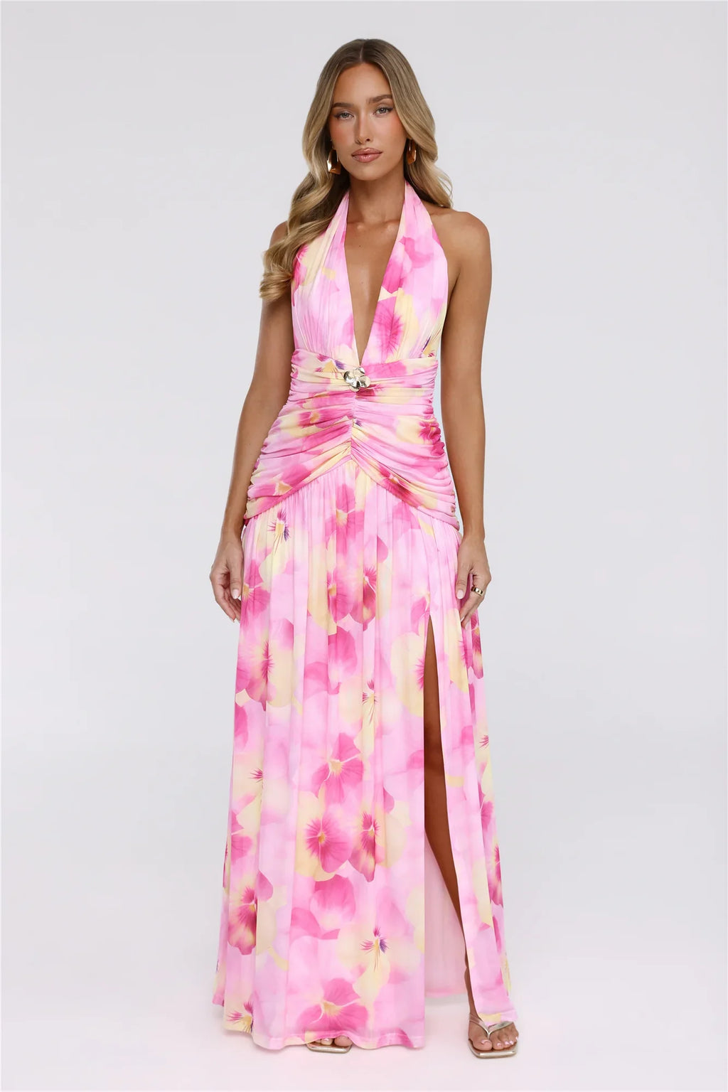 Darlingly Done Halter Mesh Maxi Dress Pink