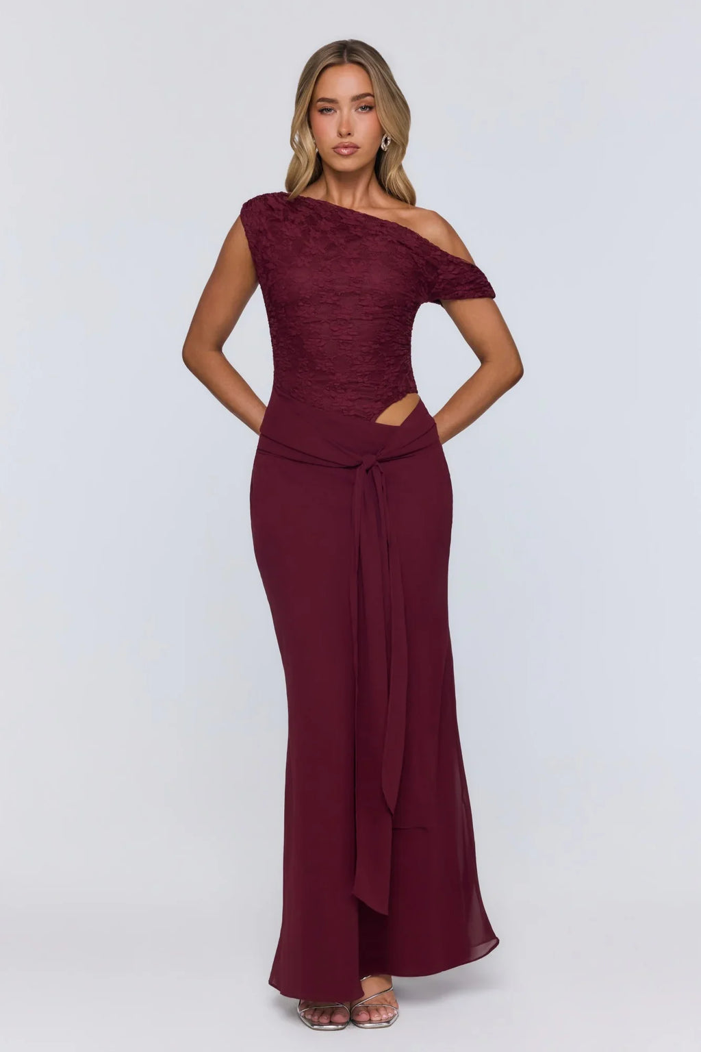 Modern Heritage Off Shoulder Maxi Dress Burgundy