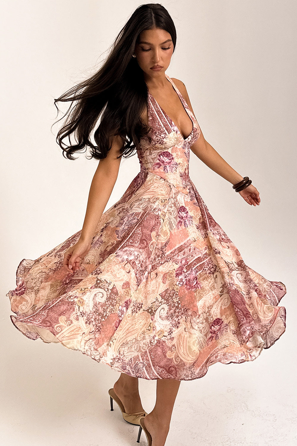 paisley patchwork print georgette halter sundress