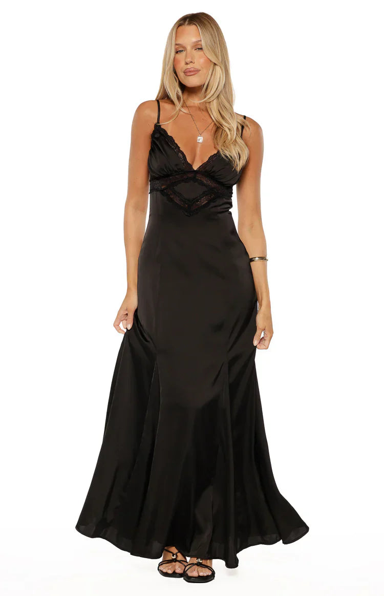 Gabby Black Satin Lace Maxi Dress