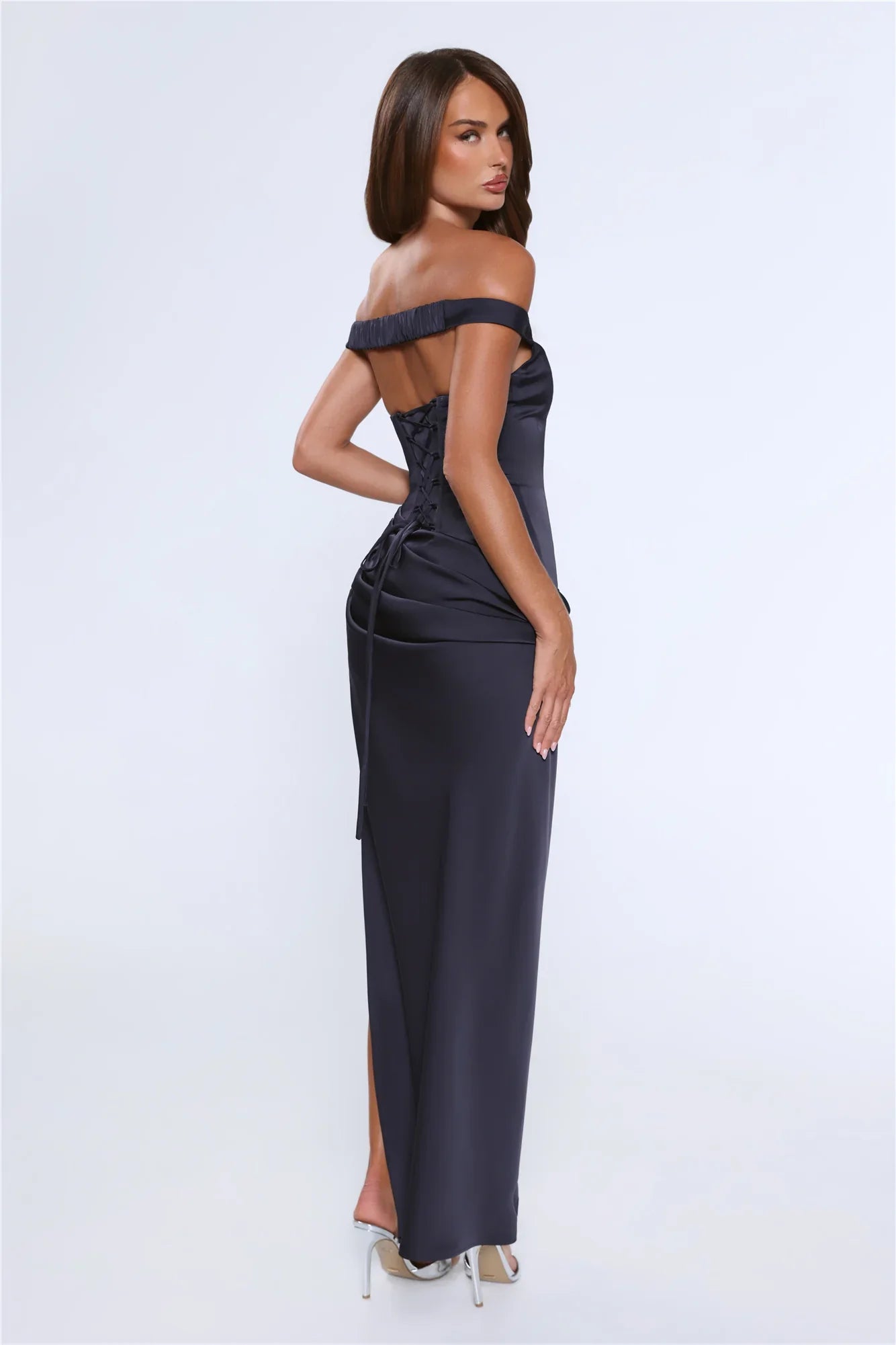 The After Party Off Shoulder Satin Maxi Dress Navy