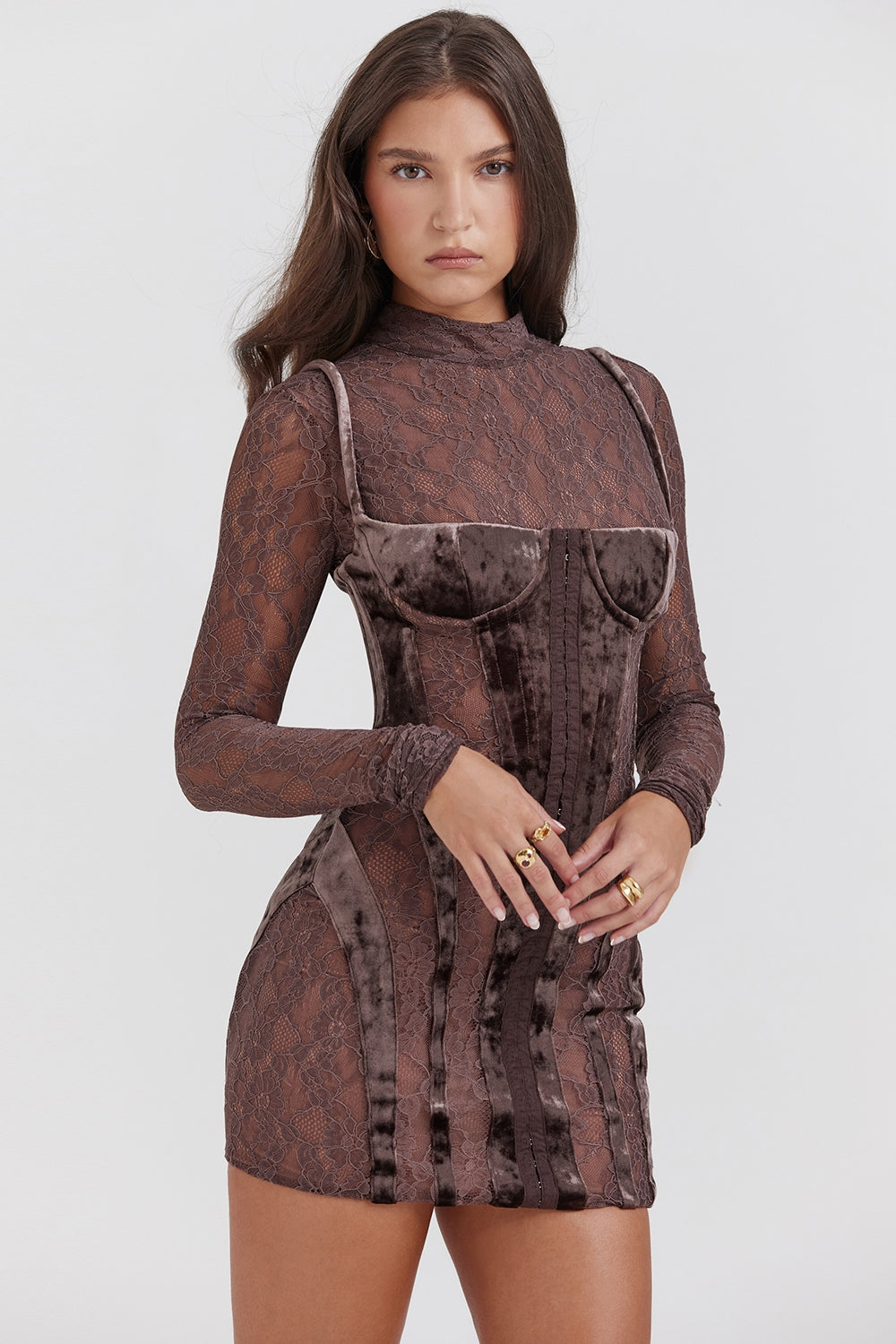 brown velvet & lace corset dress