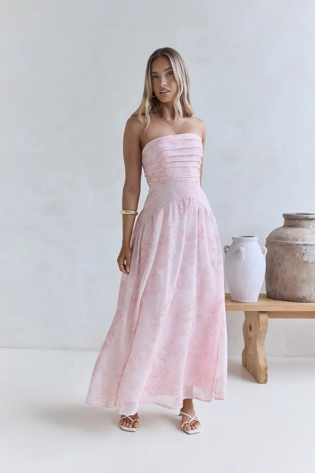 Cloud Kissed Paths Strapless Maxi Dress Pink