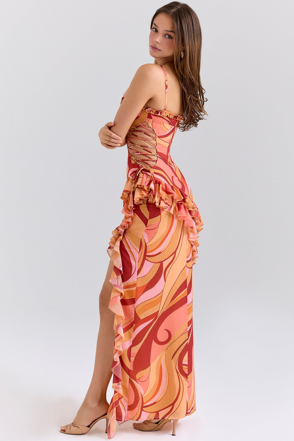sunset swirl print ruffle cut out maxi dress