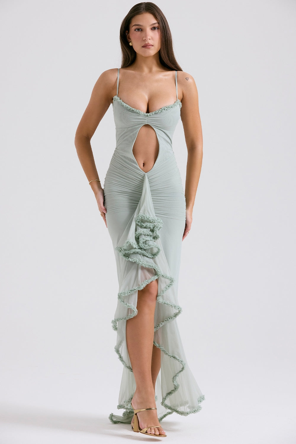 pistachio ruffled front gown