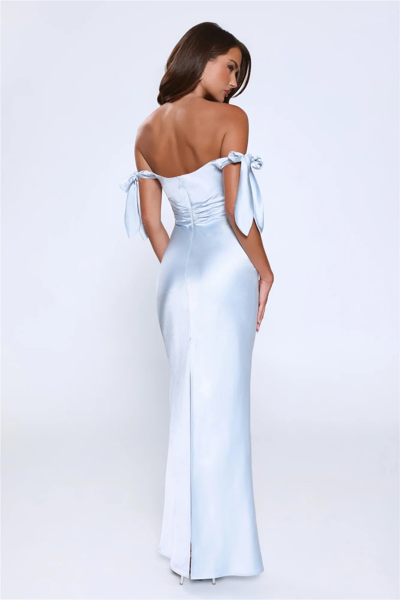Flirty Intentions Off Shoulder Satin Maxi Dress Blue