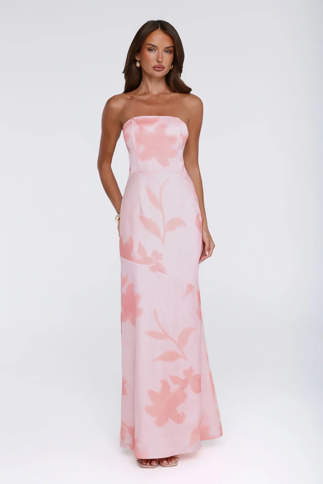 Warm Waves Strapless Satin Maxi Dress Peach Floral Print
