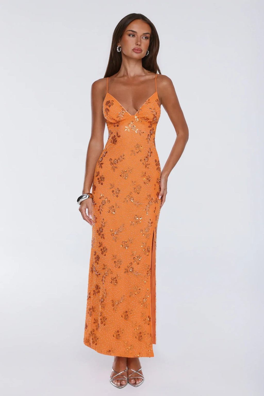 Stay Magnetic Mesh Beaded Maxi Dress Orange