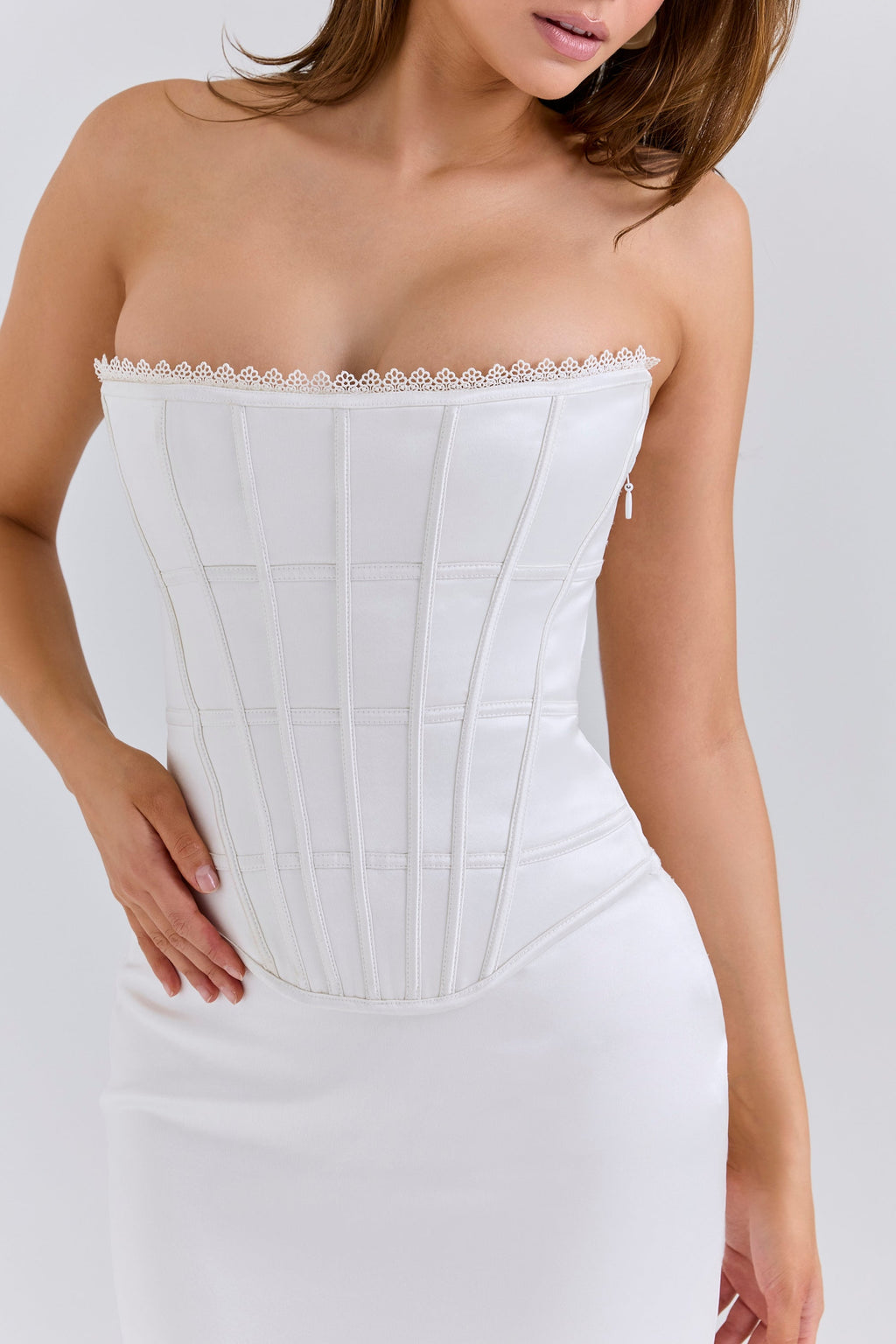 ivory satin corset maxi dress
