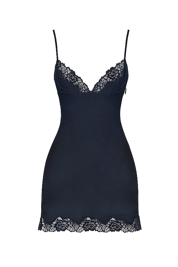 navy satin slip dress