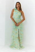 Bloom And Flow One Shoulder Tiered Maxi Dress Green