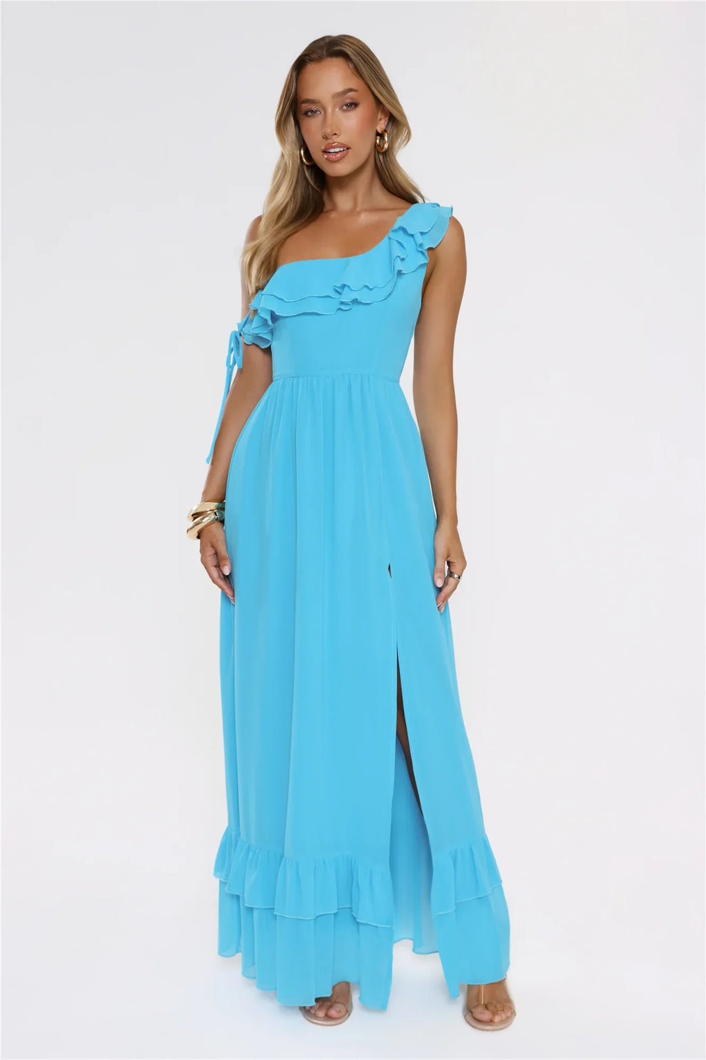 Diamond Horizon Off Shoulder Maxi Dress Blue