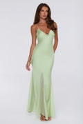 Couture Evening Satin Maxi Dress Green