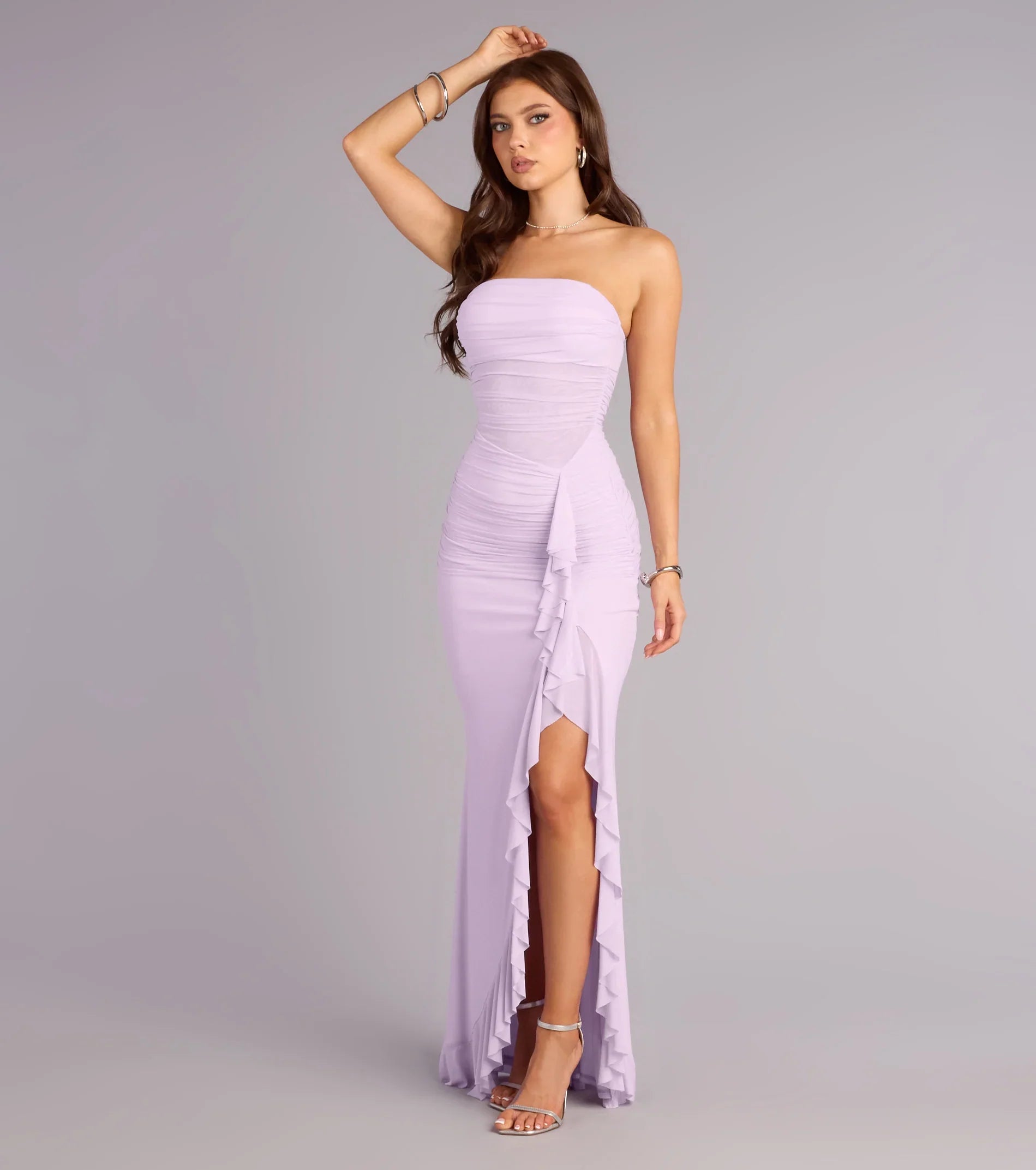 Sienna Mesh Ruffle Slit Formal Dress