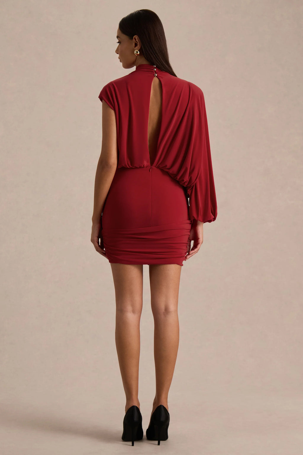 Zelda | Red High-Neck Mini Dress With One-Long Sleeve And Twisted Detail