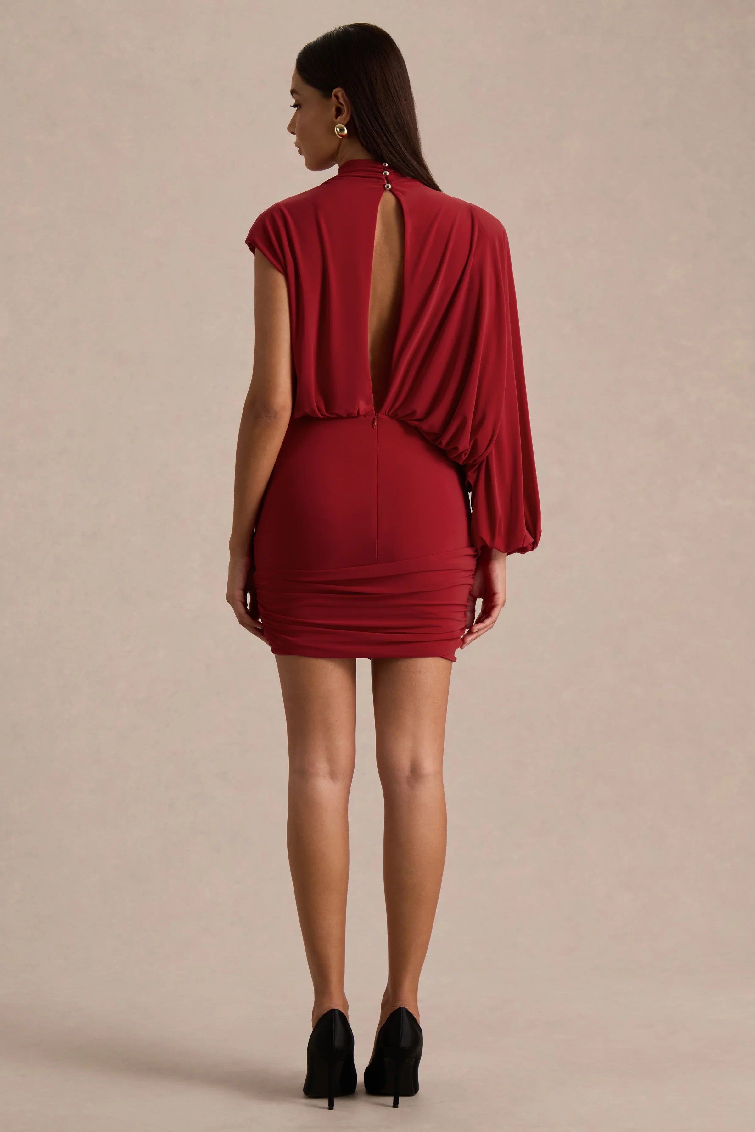 Zelda | Red High-Neck Mini Dress With One-Long Sleeve And Twisted Detail