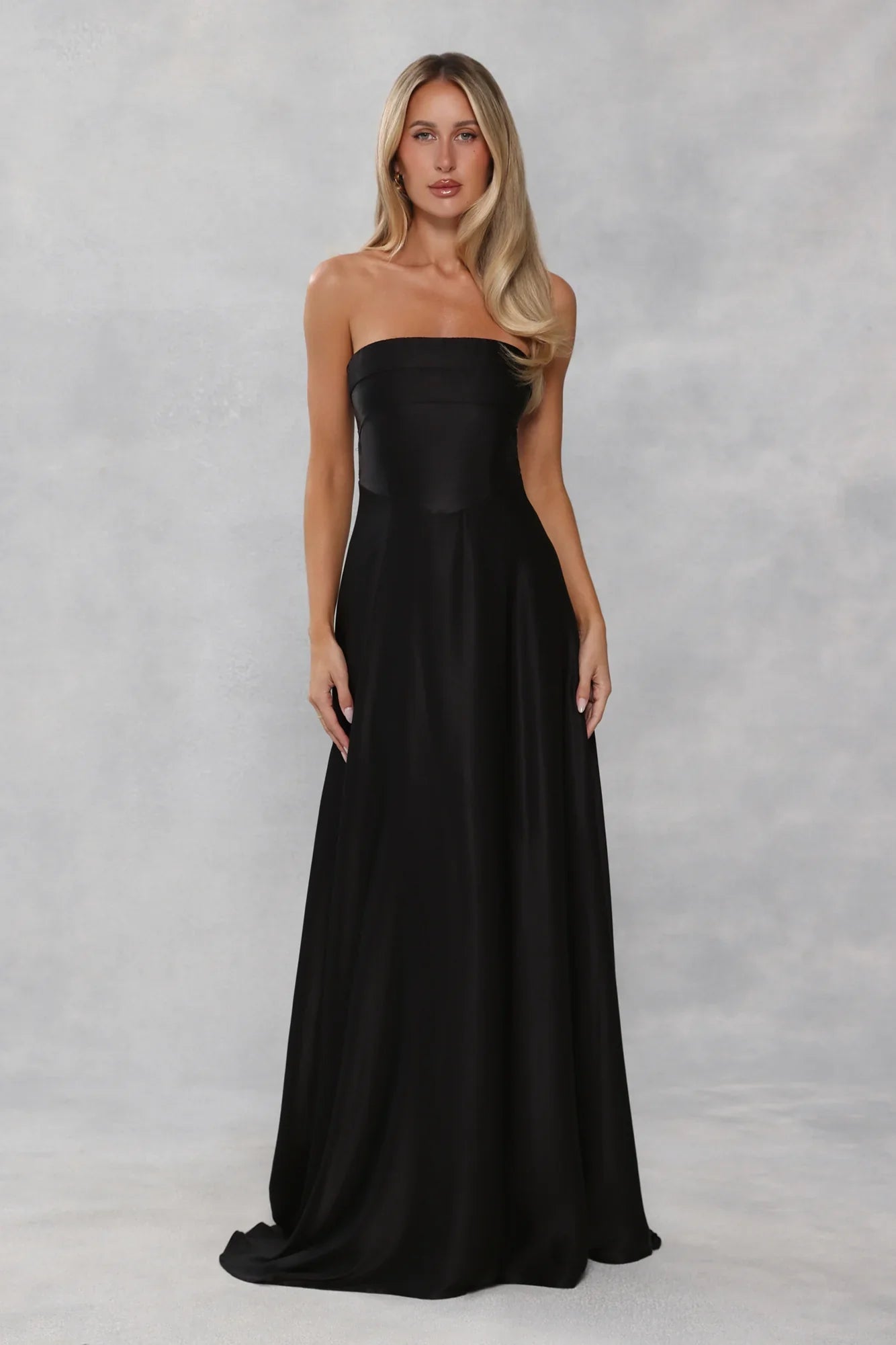 The Serina Strapless Satin Maxi Dress Black