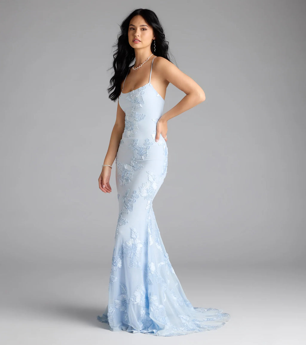Gabi Lace-Up Floral Trim Mermaid Formal Dress