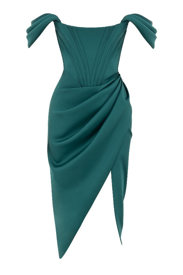 emerald green satin off shoulder dress