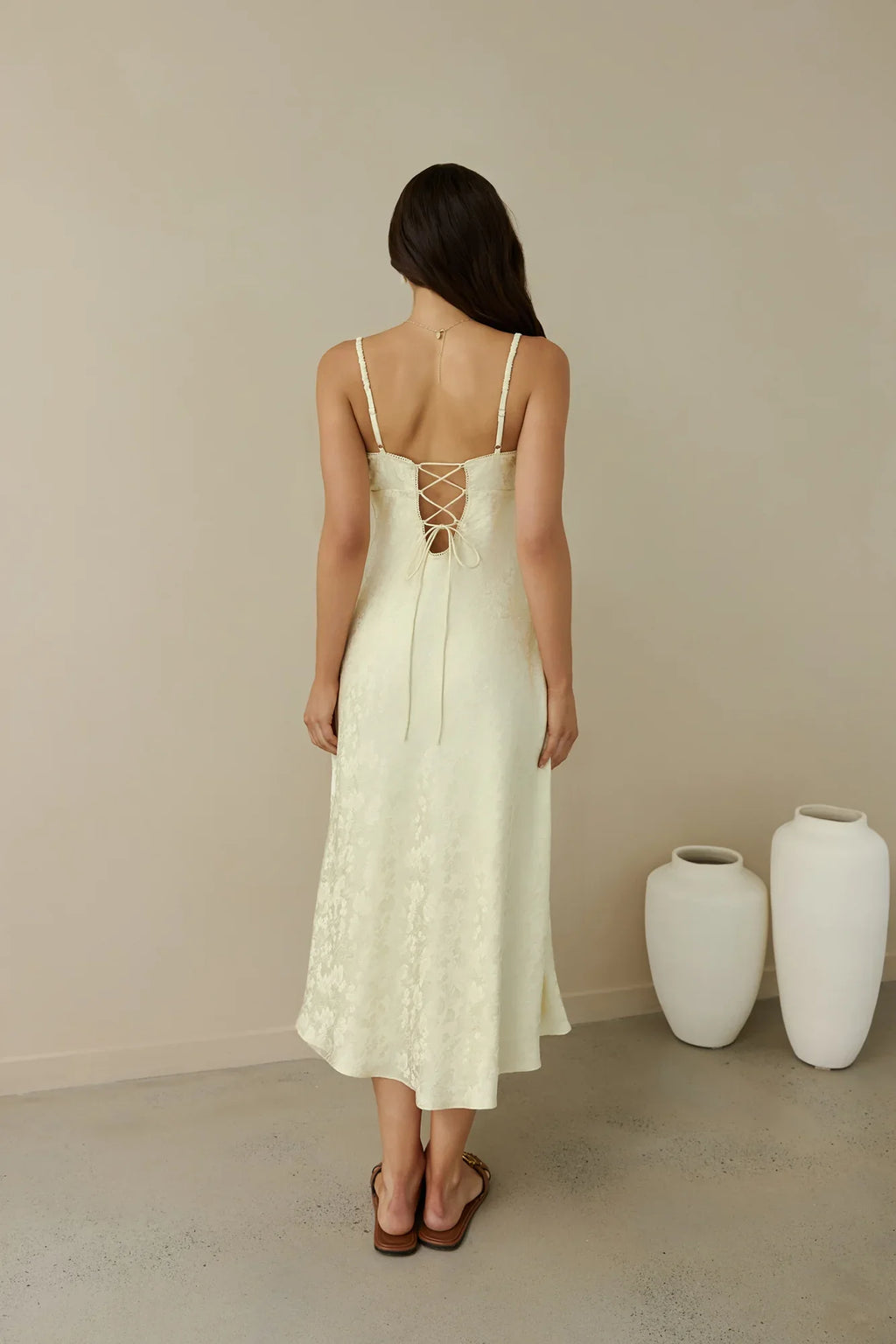 Kaiya Jacquard Satin Midi Dress Yellow