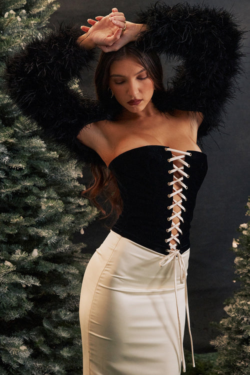 black & vintage cream strapless corset dress