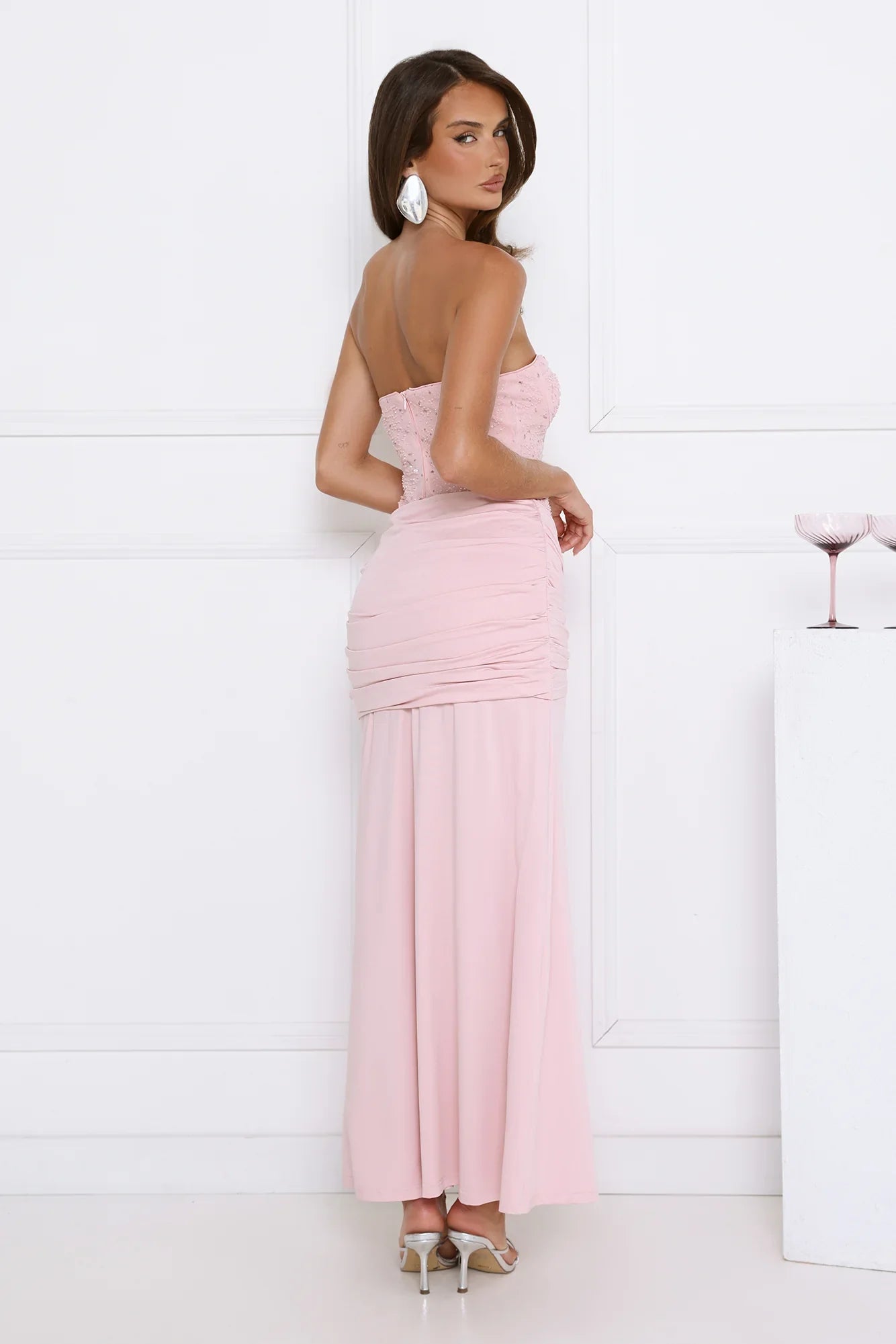 Signature Nights Embellished Strapless Maxi Dress Pink