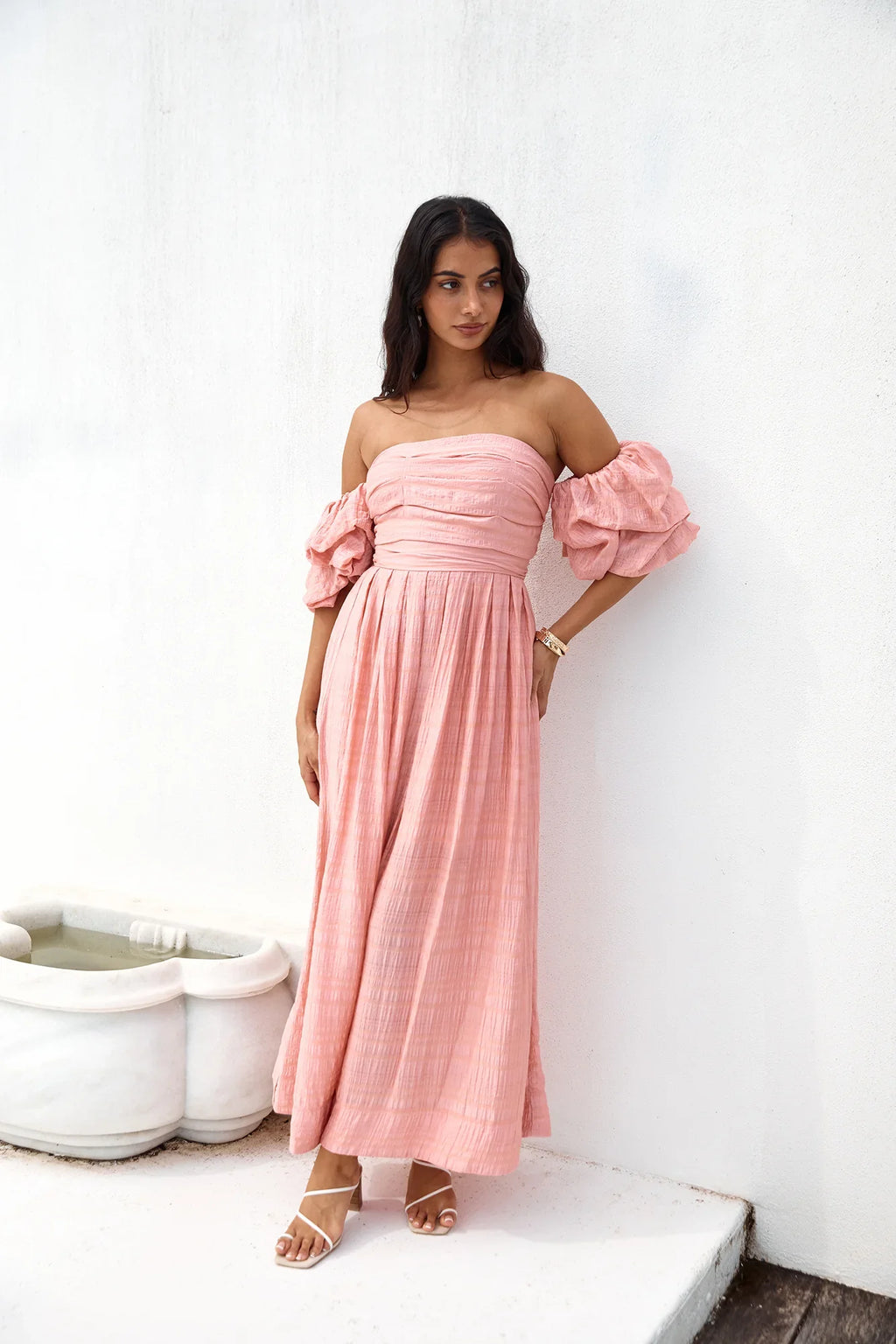 High Tea Off Shoulder Maxi Dress Pink