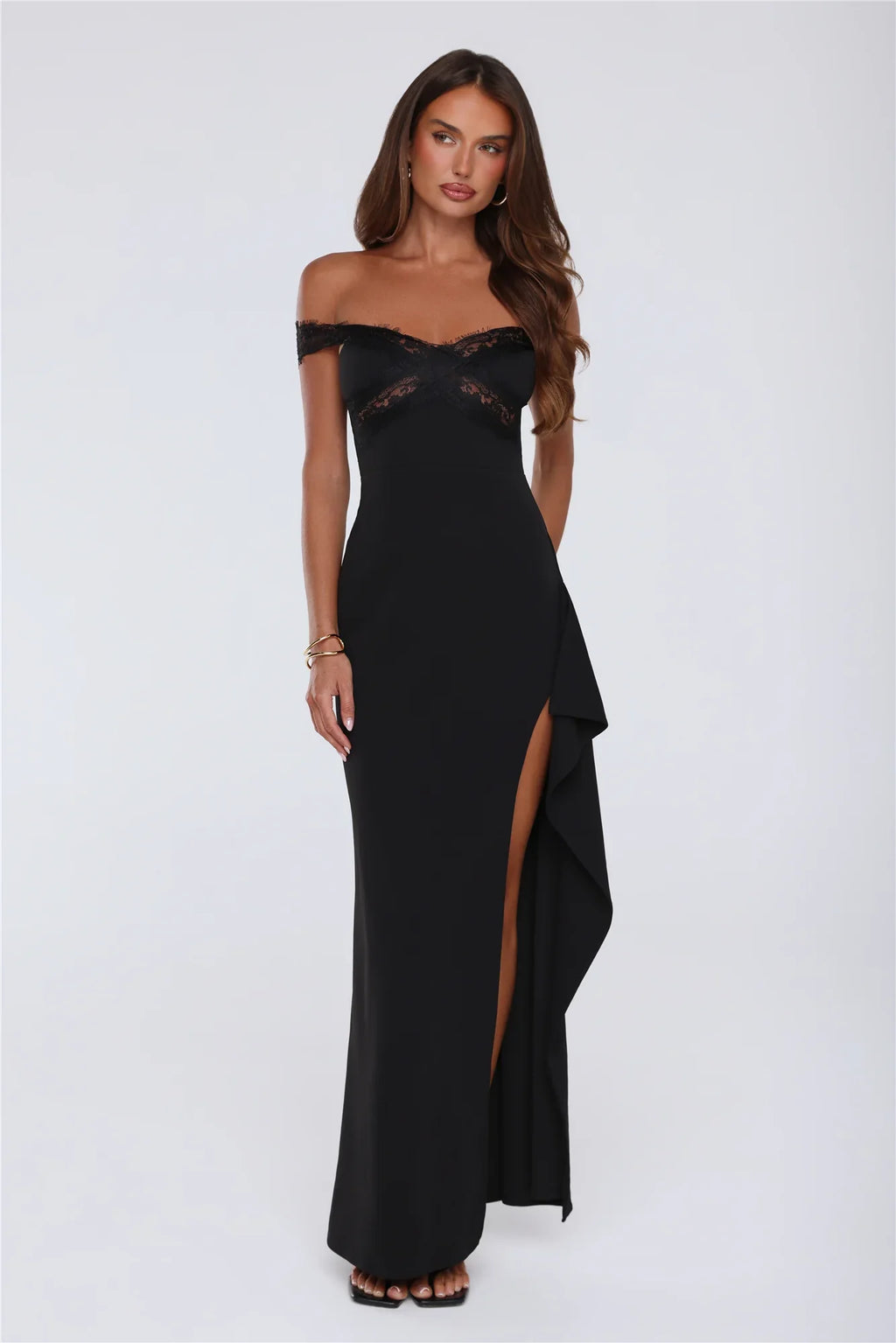 Ethereal Lace Off Shoulder Maxi Dress Black