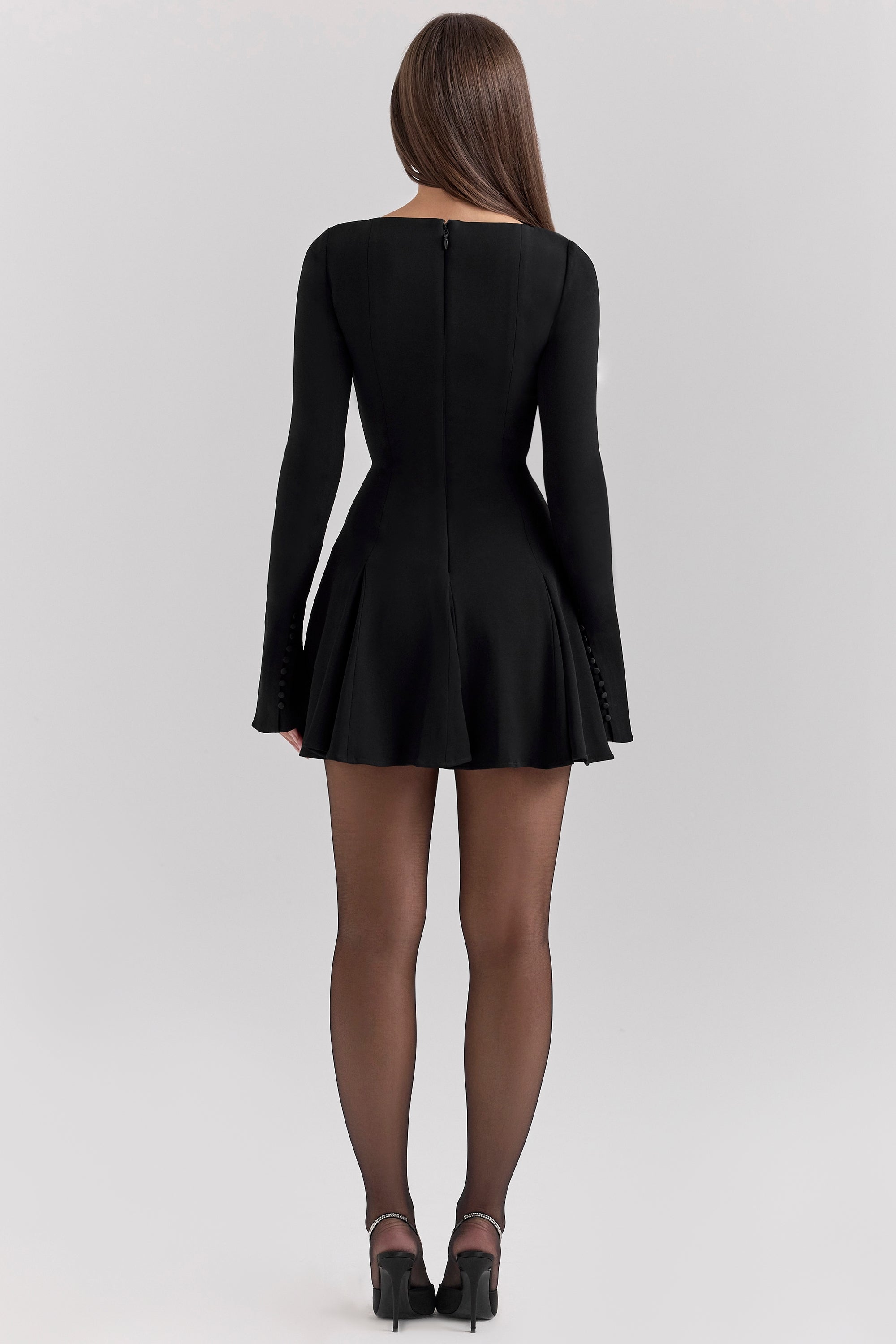 black stretch crepe godet mini dress