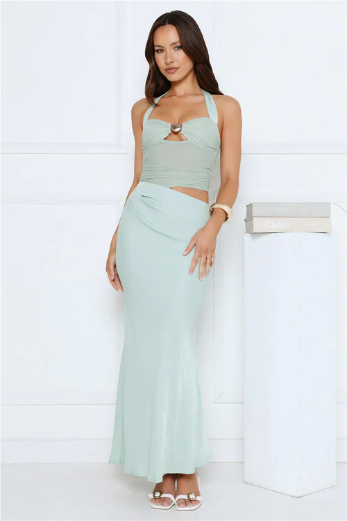 Celeste Shine Mesh Maxi Dress Sage
