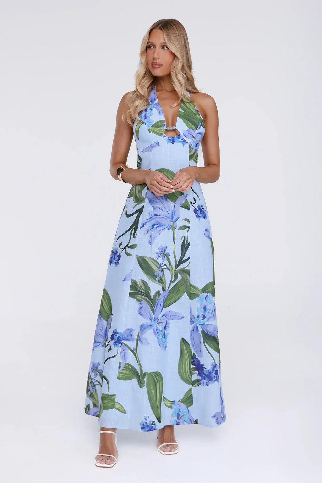 Fleur Flicker Halter Maxi Dress Blue