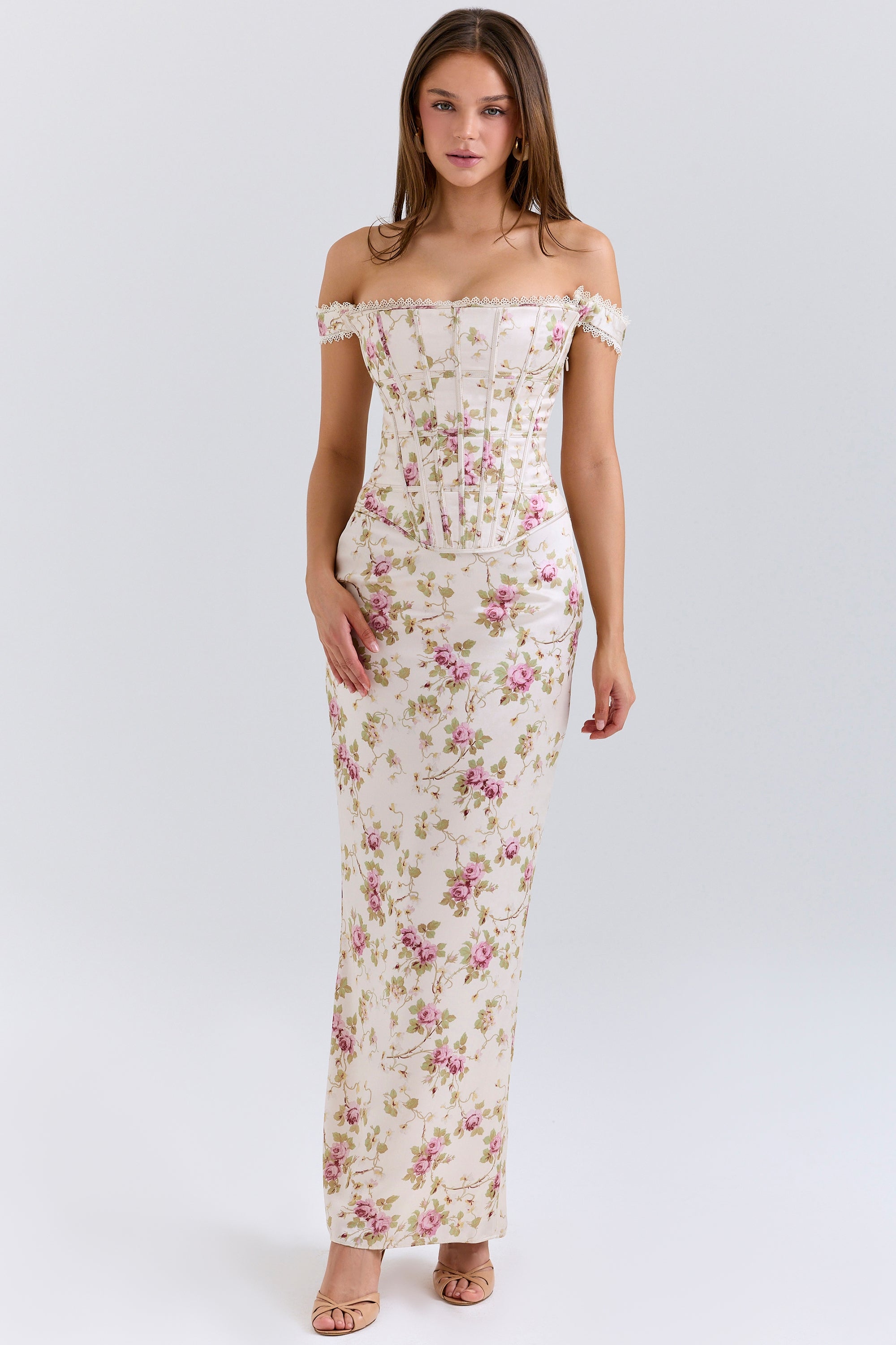 vintage cream floral print corset maxi dress