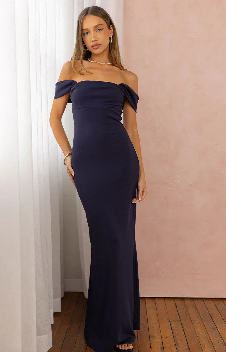 Ella Navy Off Shoulder Crepe Formal Maxi Dress