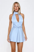 Solar Flare Love Halter Satin Mini Dress Blue