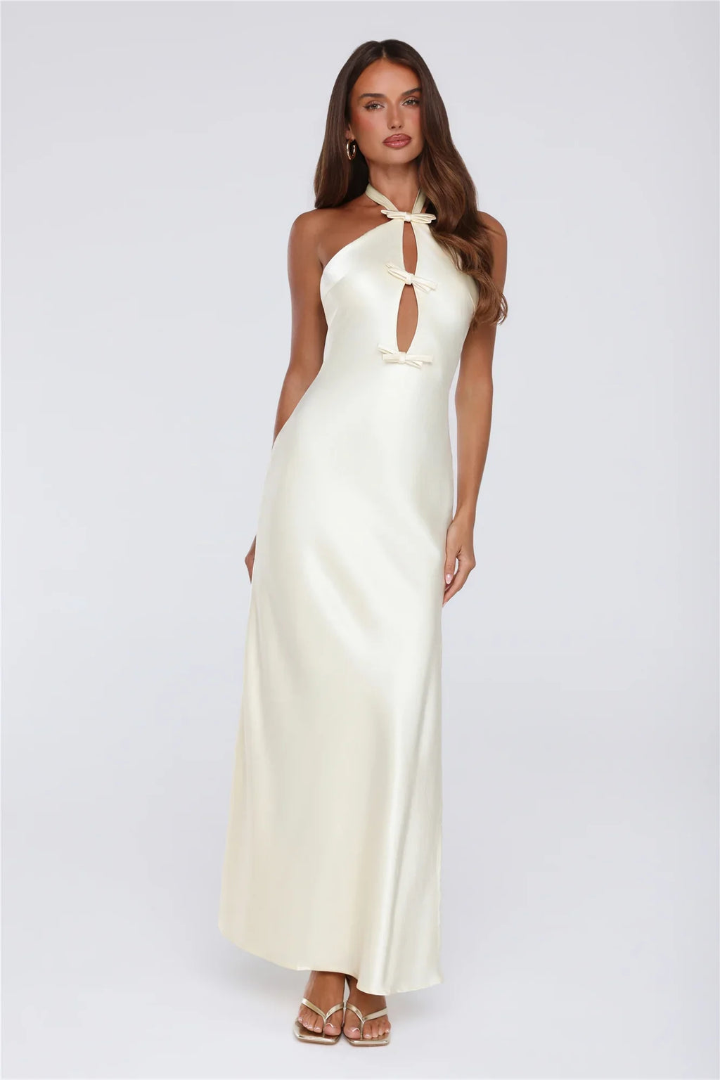 Sleek Halter Neck Cutout Satin Maxi Dress Yellow