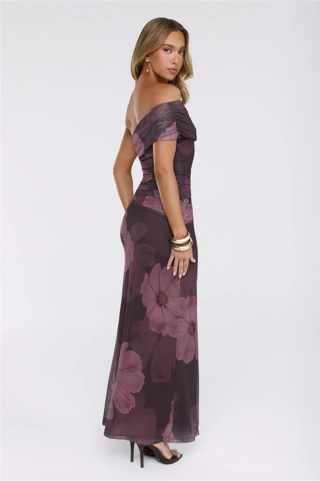Mischief Glow Off Shoulder Mesh Maxi Dress Brown