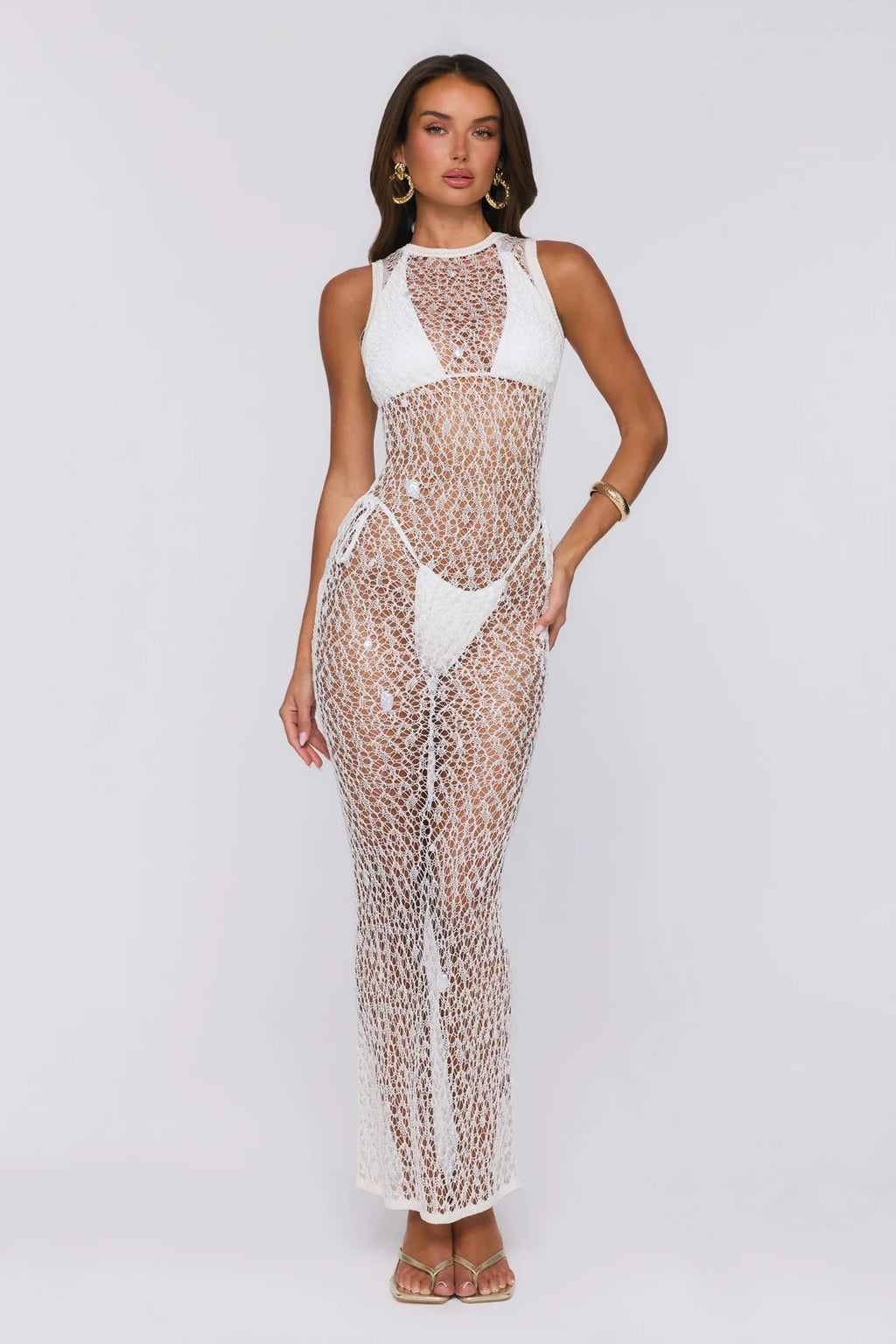 Main Event Ready Crochet Pearl Sheer Maxi Dress Cream