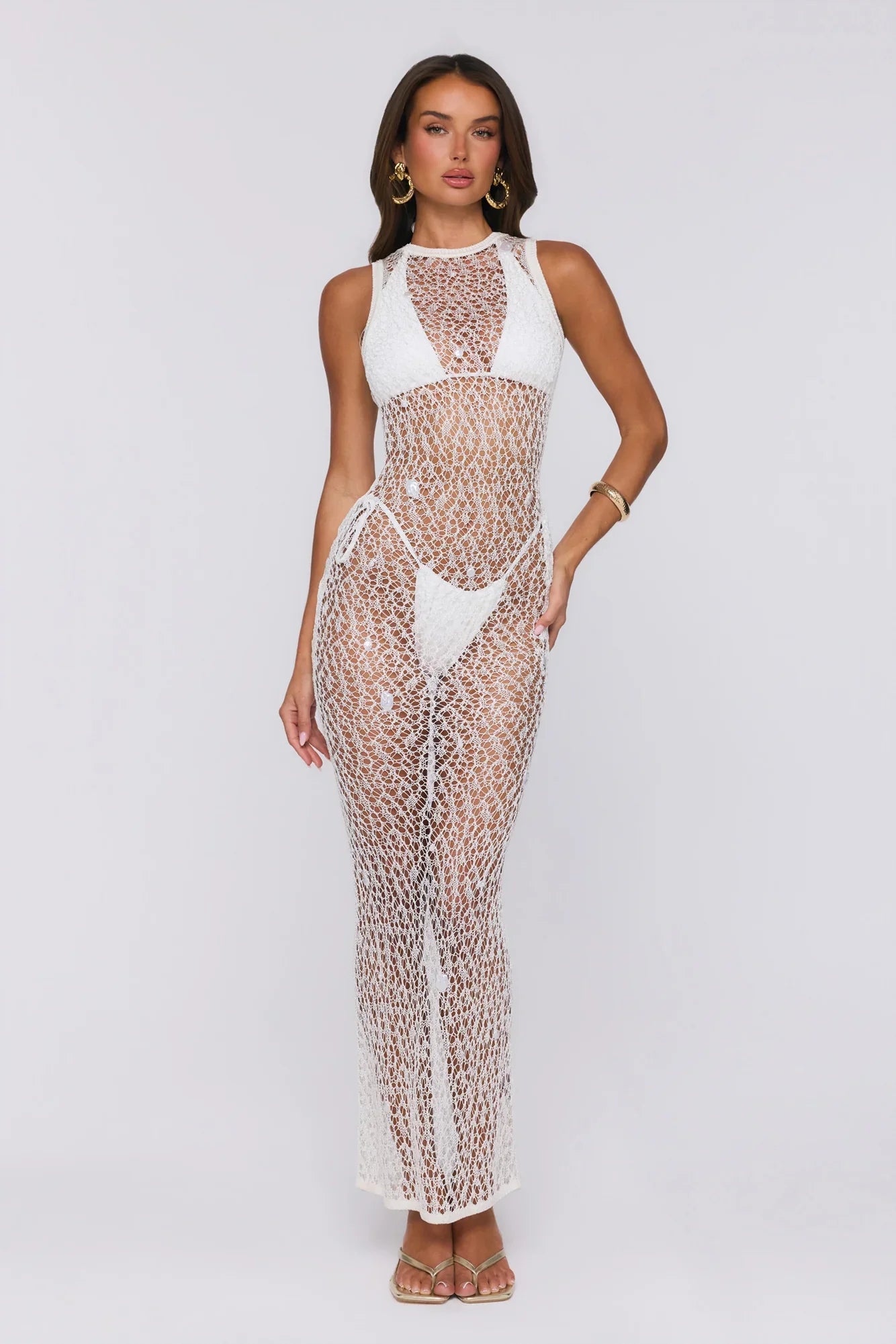 Main Event Ready Crochet Pearl Sheer Maxi Dress Cream