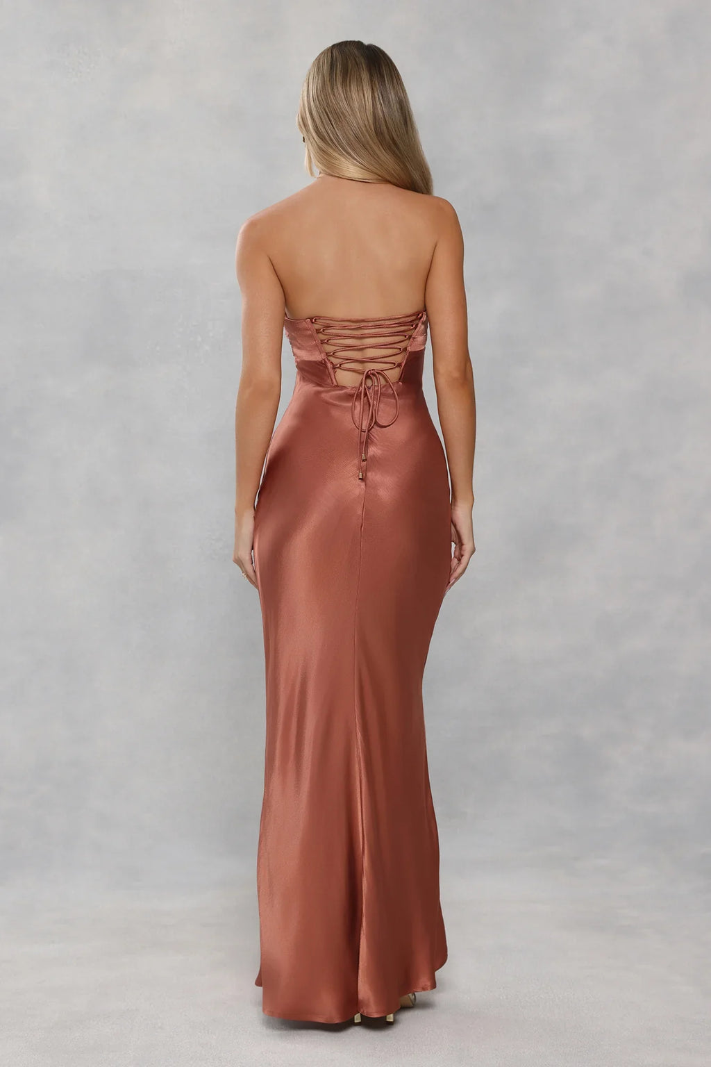The Seraphina Strapless Satin Maxi Dress Bronze